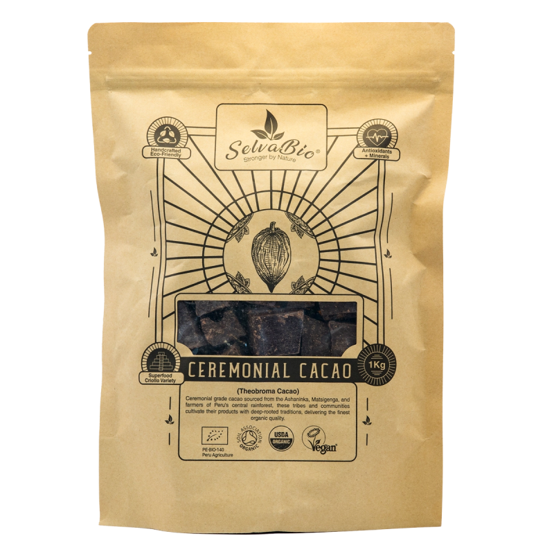 Organic Ceremonial Grade Cacao, 1Kg From The Ashaninka, Nomatsigenga and Farmers, located in the Central Rainforest of Peru.