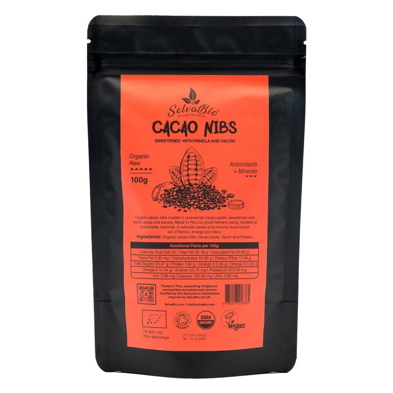Organic Cacao Nibs Sweetened With Yacón and Panela 100g